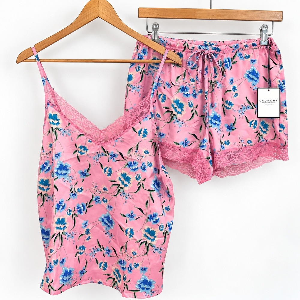 Laundry by Shelli Segal Pink Floral Satin Pajama Set Cami Shorts Lace Trim M NWT